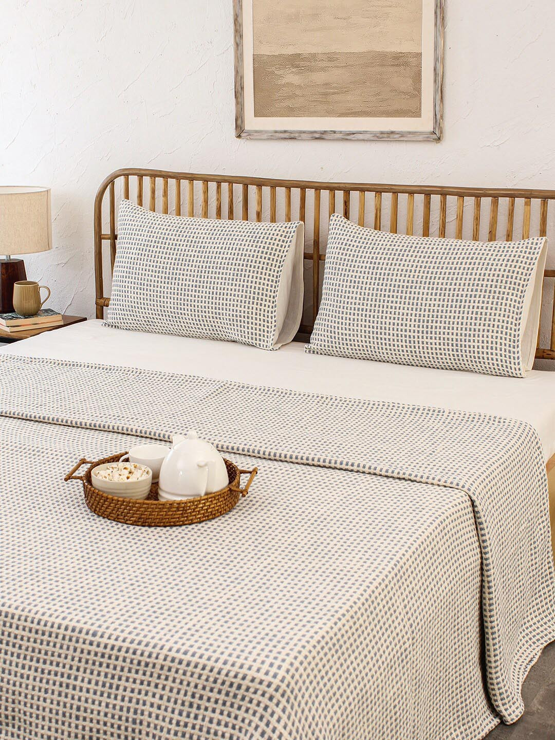House This Blue Woven Design Cotton 120 TC Double Queen Bed Cover With 2 Pillow Covers
