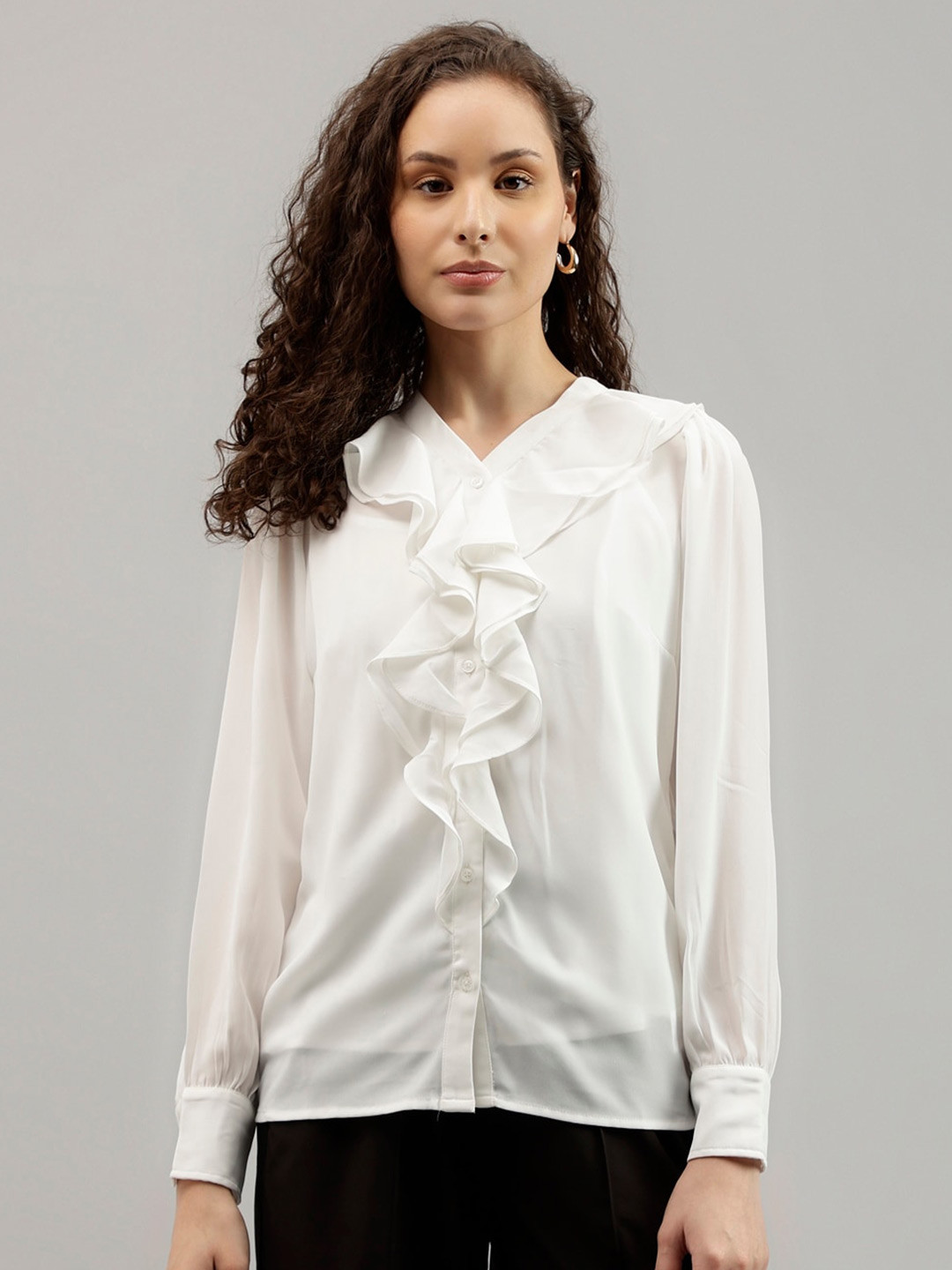Beverly Hills Polo Club V-Neck Long Sleeves Ruffled Shirt Style Top With Camisole