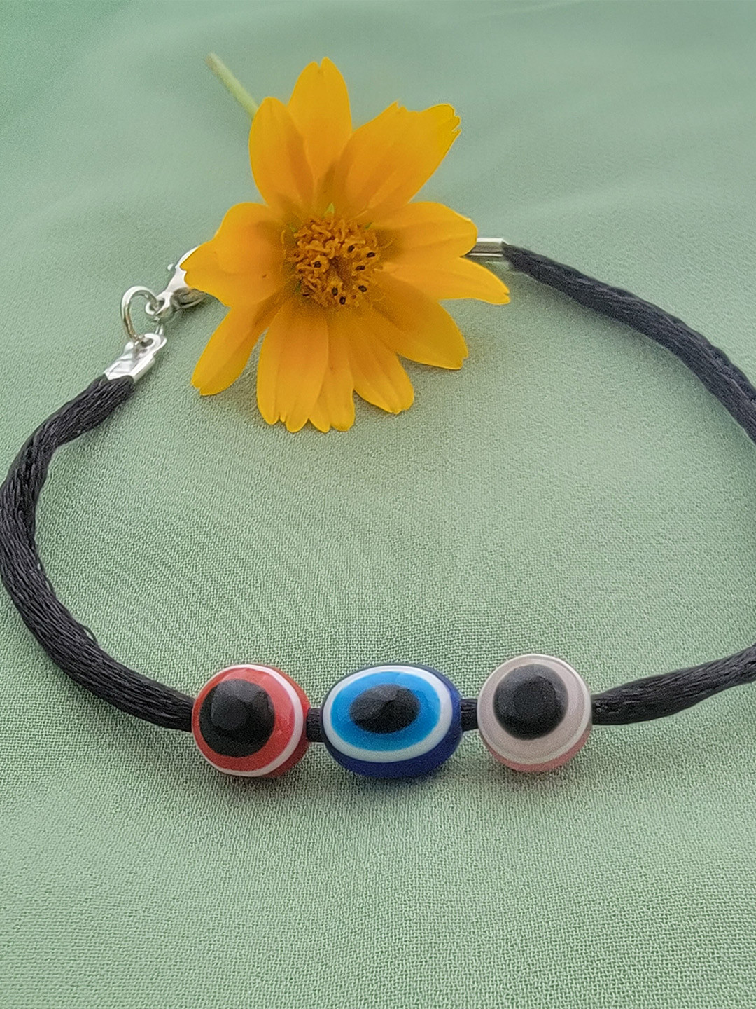 Mahi Rhodium-Plated Evil Eye Adjustable Bracelet