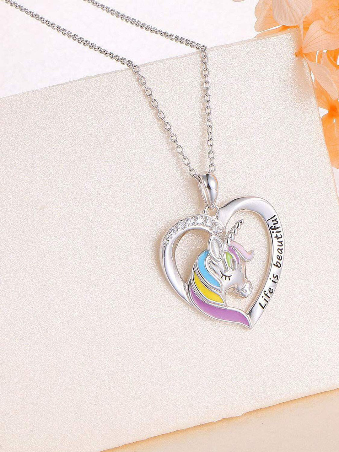 Mahi Rhodium-Plated Unicorn Pendant With Chain