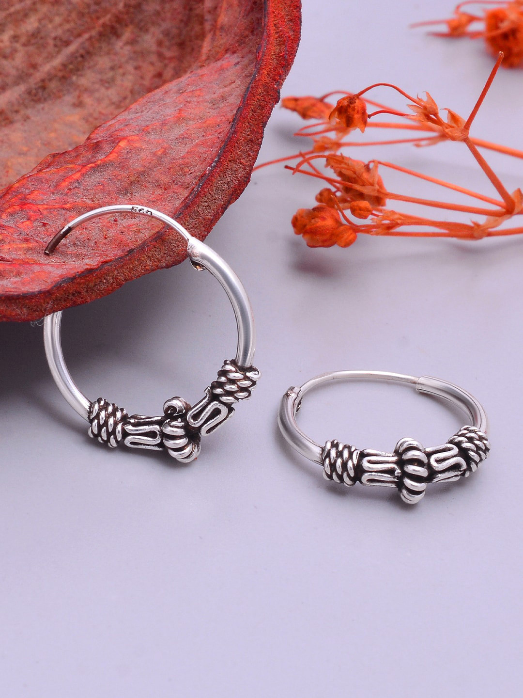 Abhooshan 925 Sterling Silver Oxidised Bali Contemporary Hoop Earrings