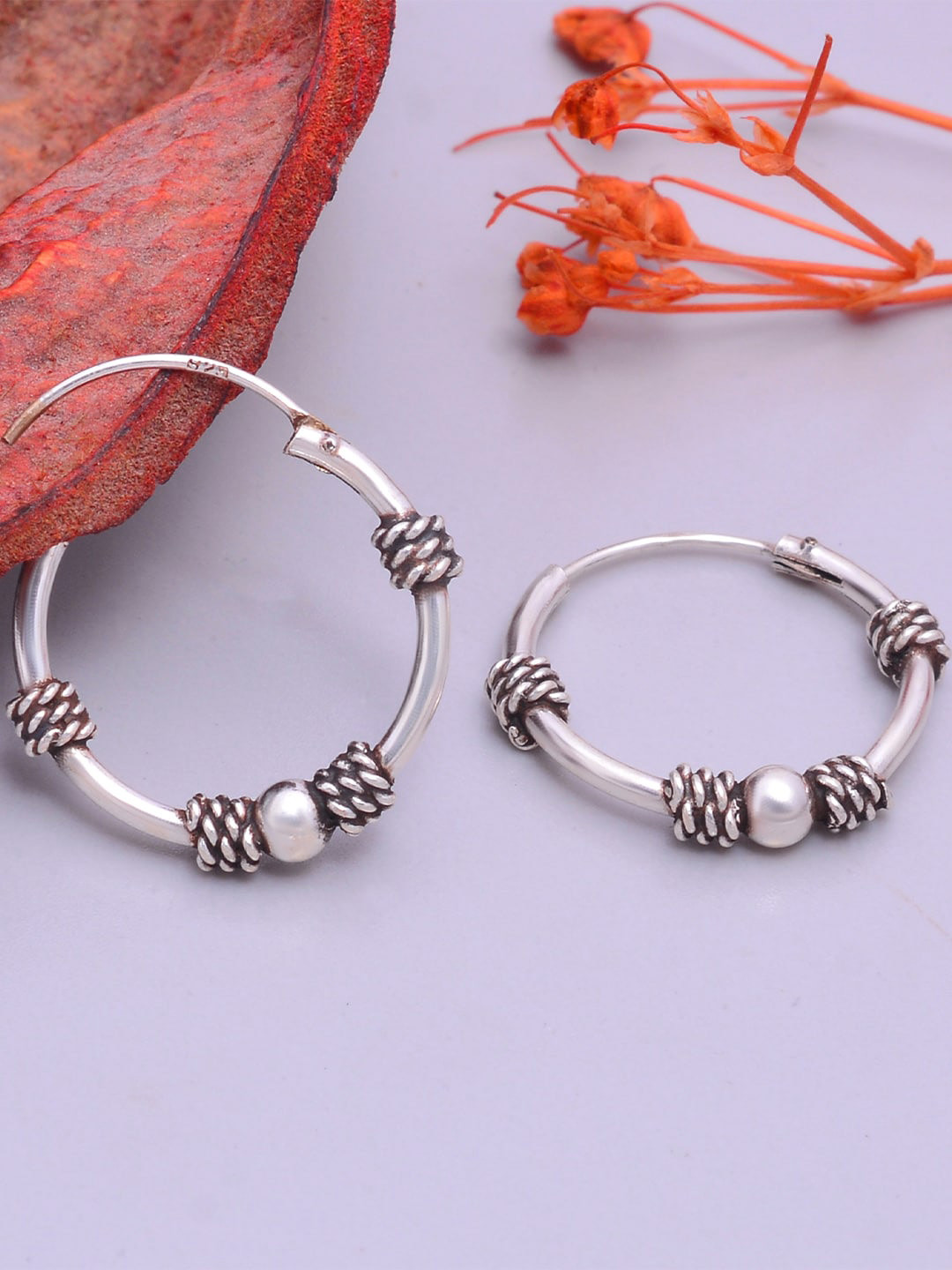 Abhooshan  925 Sterling Silver Oxidised Bali Contemporary Hoop Earrings