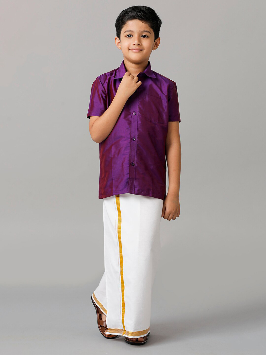Ramraj Boys Short Sleeves Shirt With Adjustable Veshti