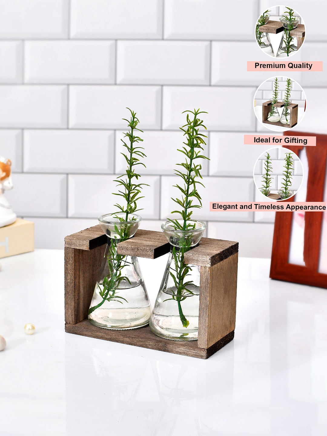 TAYHAA Transparent Glass Flower Vase With Wooden Stand