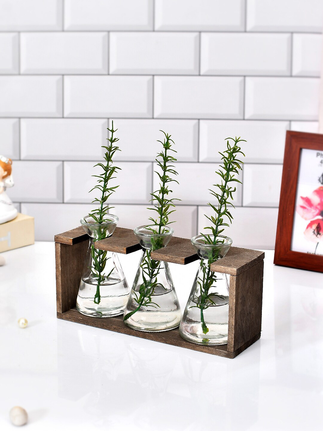 TAYHAA Brown 3 Pcs Wooden Holder With Transparent Vases