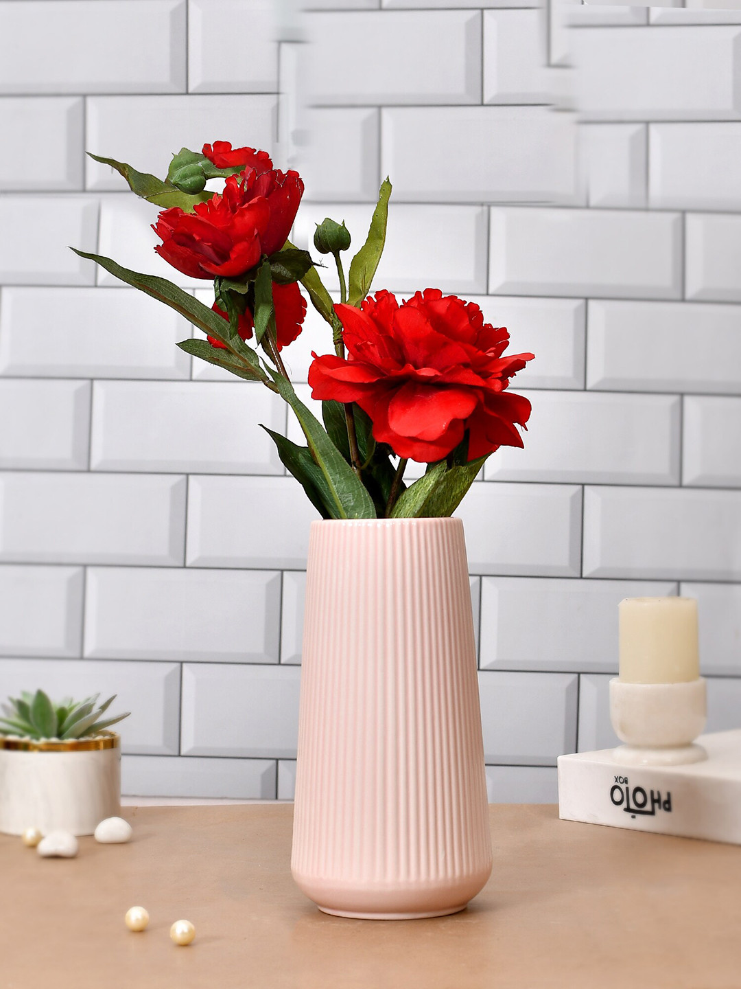 TAYHAA Pink Ribbed Ceramic Vases