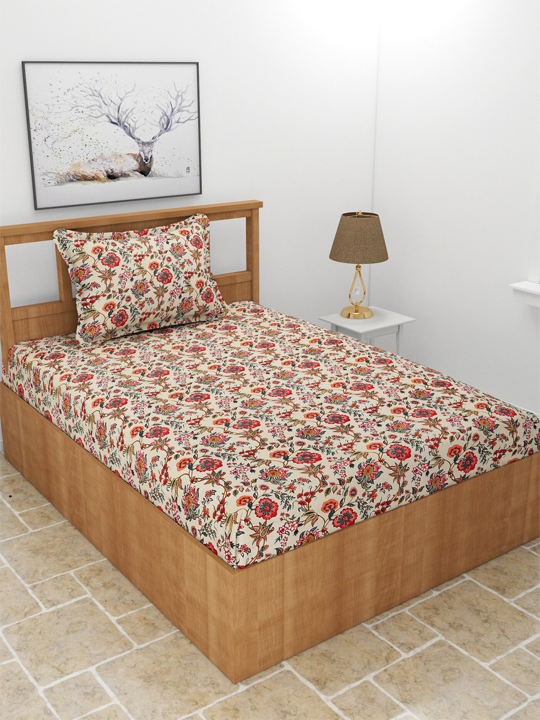MORADO Maple Red Floral Polycotton 210 TC Single Fine Bedsheet with a Pillow Cover-90 x 60 inches