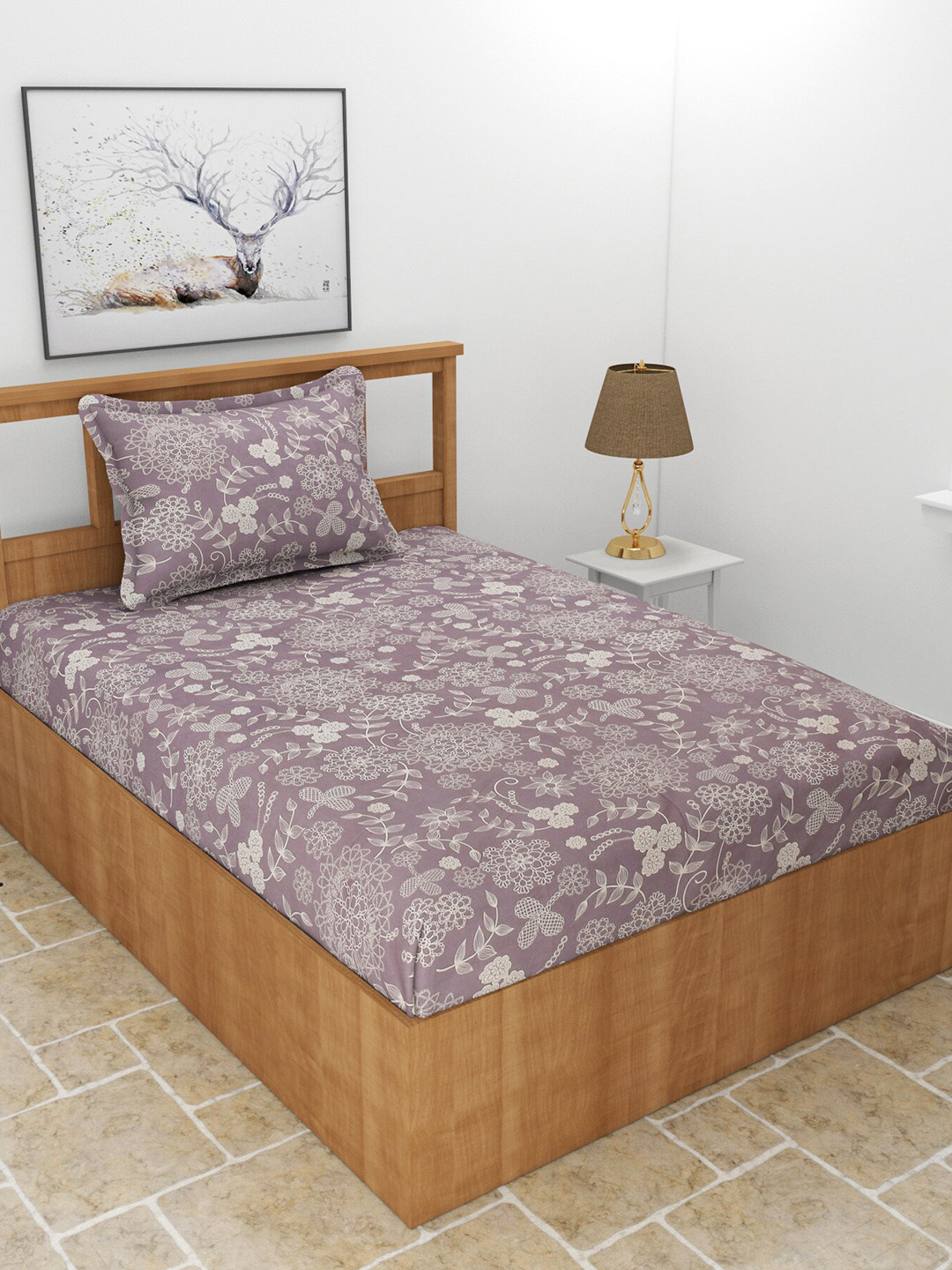 MORADO Maple Purple Floral Polycotton 210 TC Single Fine Bedsheet with a Pillow Cover-90 x 60 inches
