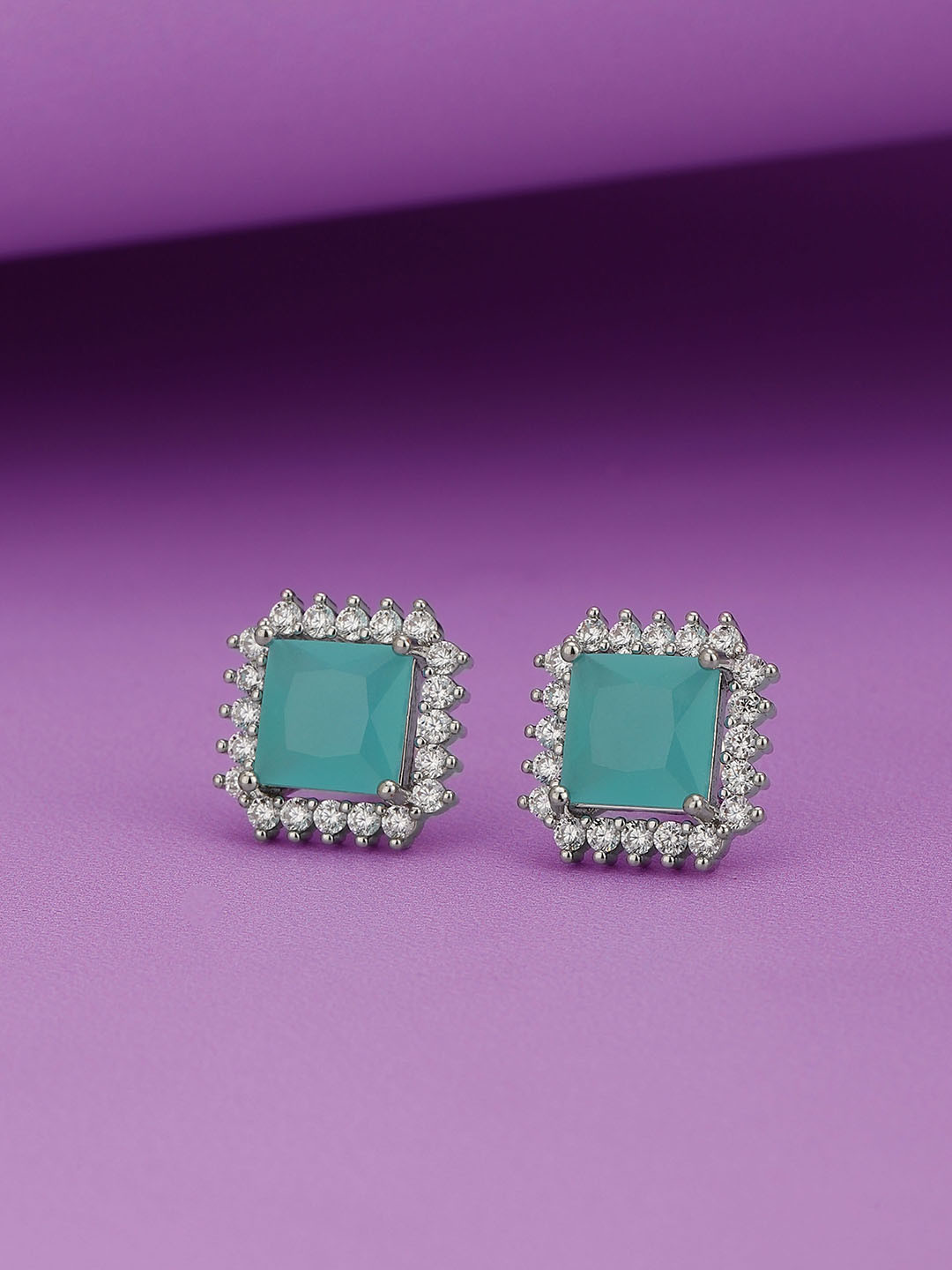 Carlton London Women Rhodium-Plated Turquoise Stone Studs Earrings
