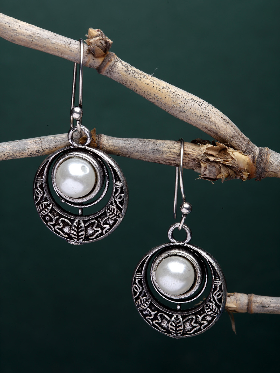 Sanjog Oxidized German Silver Pearl Studded Engraved Drop Earrings