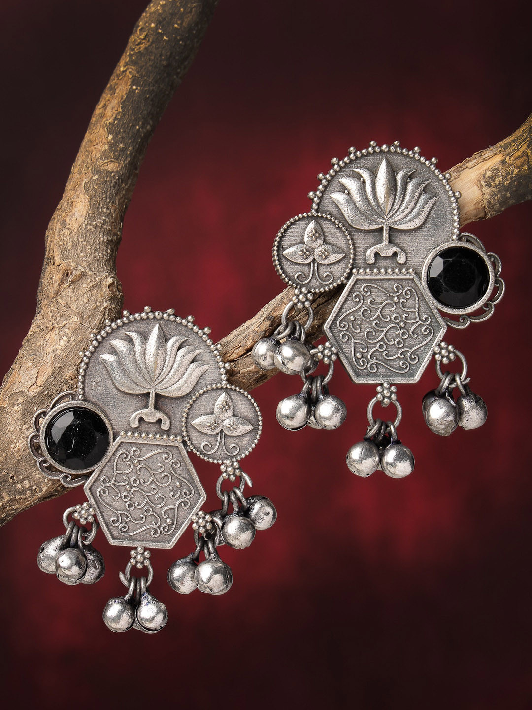 Sanjog Silver Plated Artificial Beads Oxidised Drop Coin Tribal Ghungroo Earrings