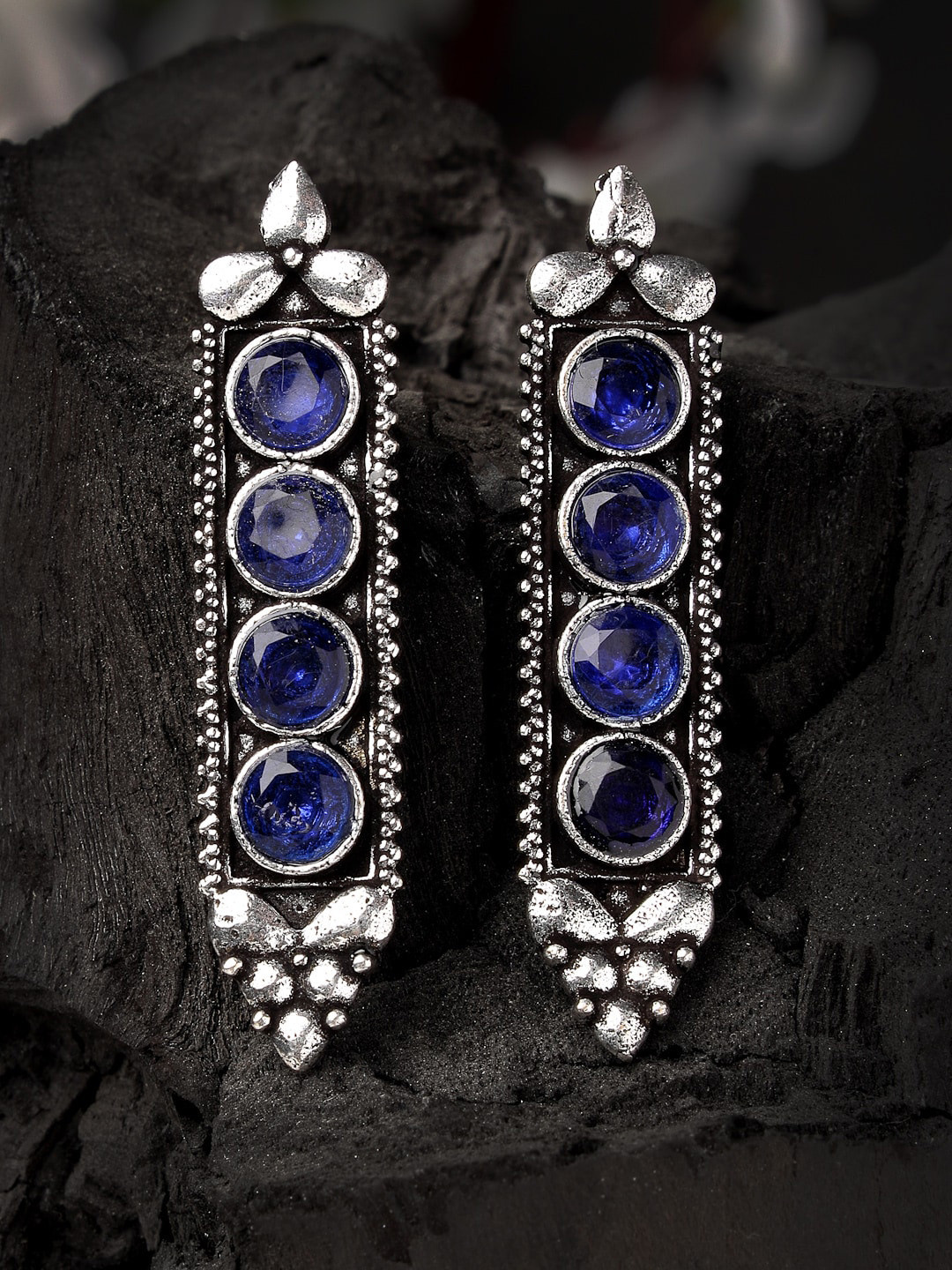 Sanjog Silver Plated Stone Studded Oxidised Stud Geometric Drop Earrings