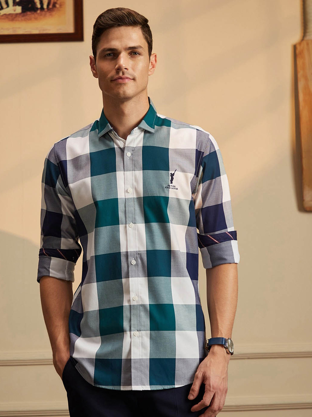 Peter England Casuals Buffalo Checks Cricket Inspired Slim Fit Cotton Casual Shirt