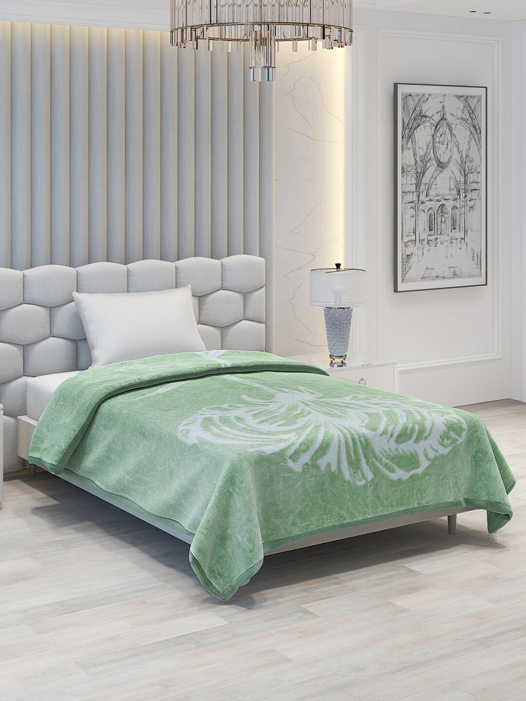 Monte Carlo Bling Green & White Floral Heavy Winter 1000 GSM Single Bed Blanket