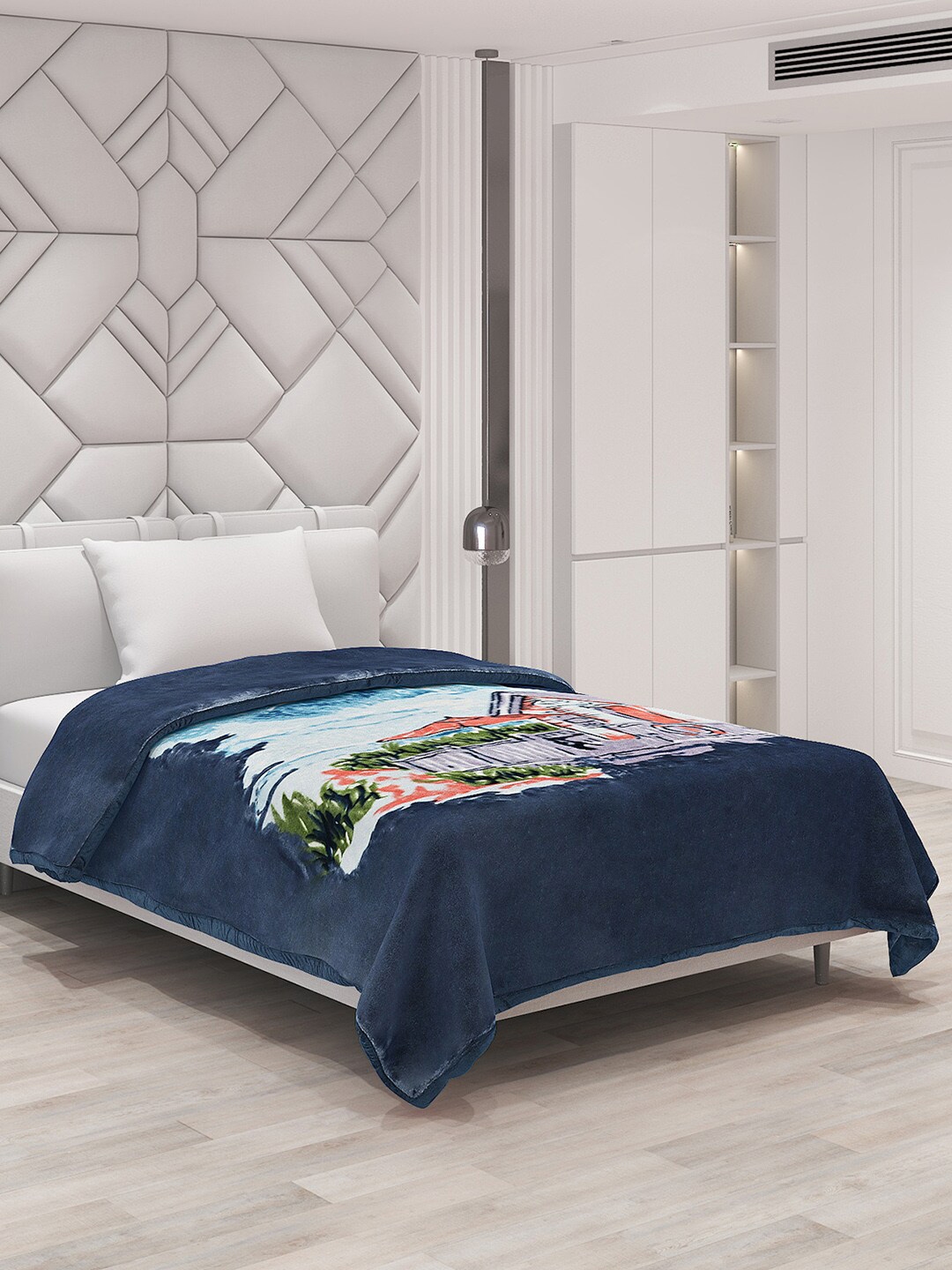 Buy Monte Carlo Navy Blue White Floral Heavy Winter Single Bed