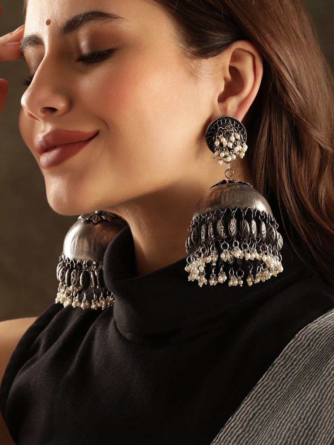 Rubans Oxidised Silver-Plated Antique Black & White Pearl Beaded Dome-Shaped Big Jhumkas