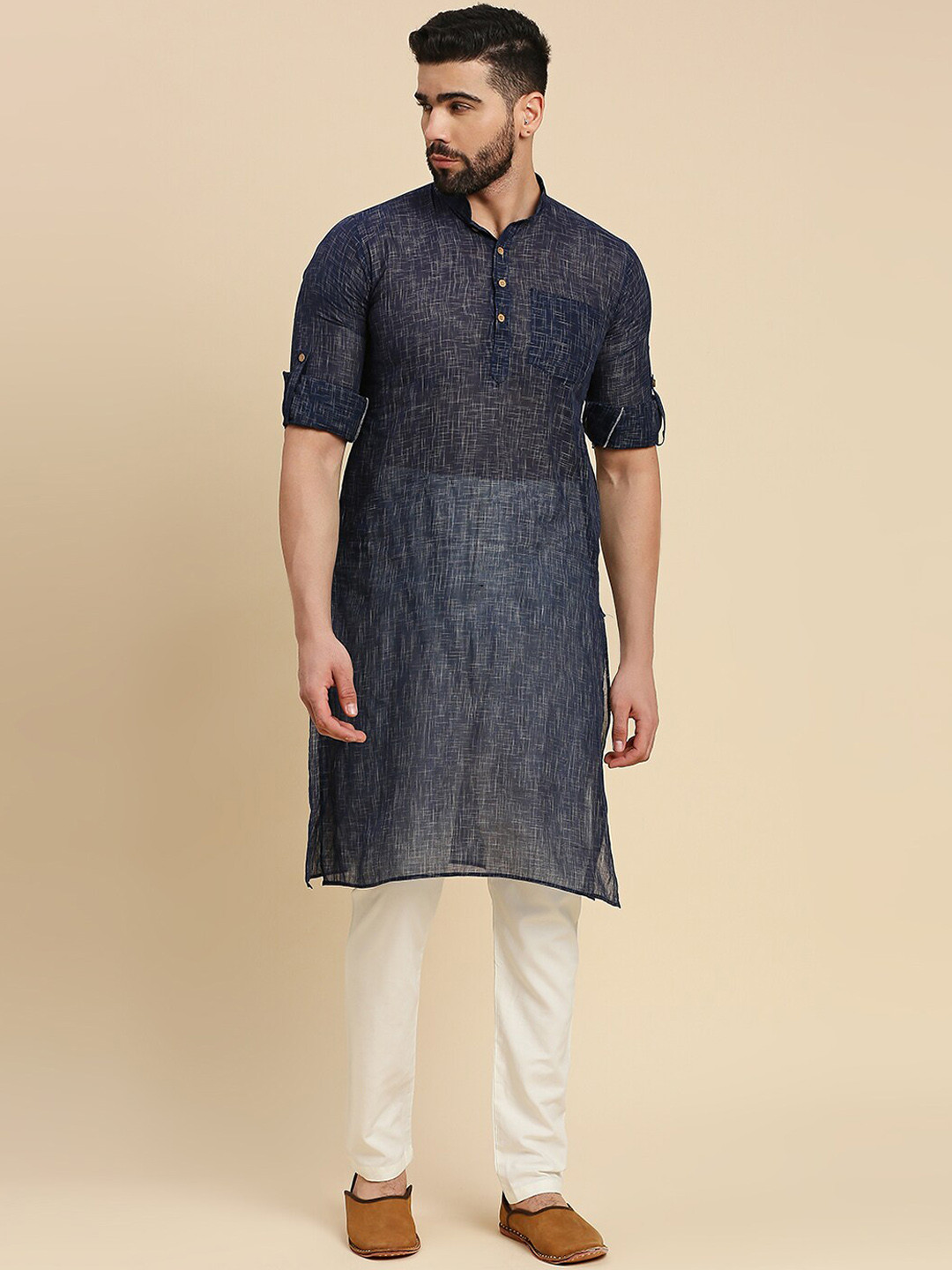 RAJUBHAI HARGOVINDAS Woven Design Roll Up Sleeves Cotton Straight Kurta