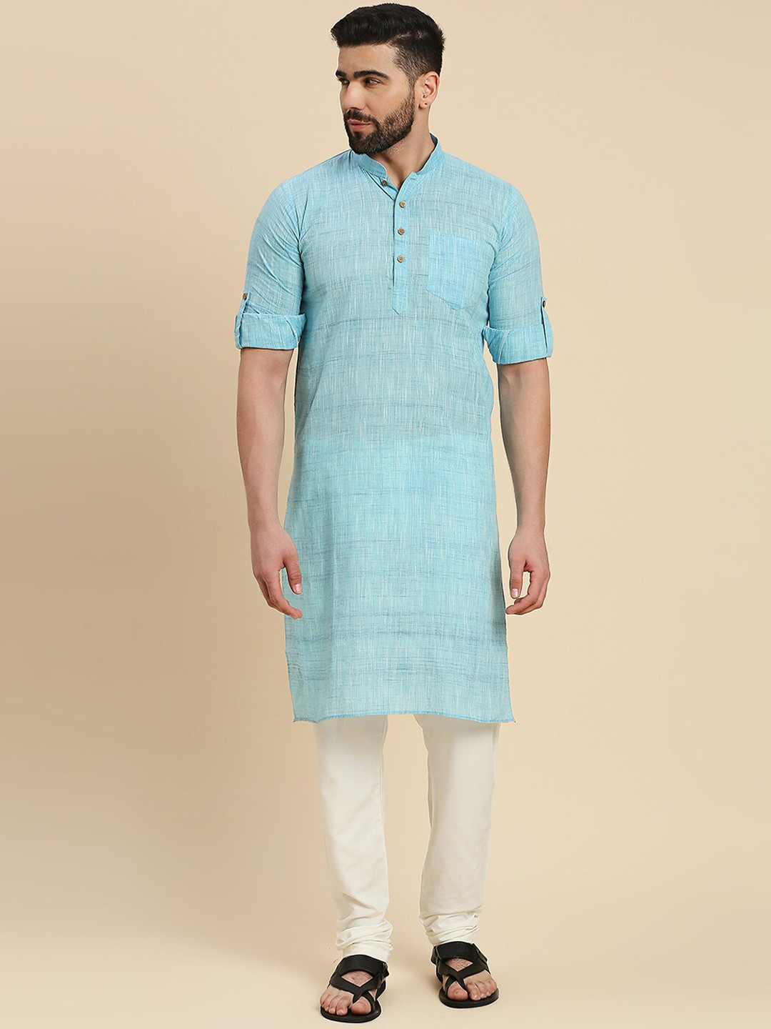 RAJUBHAI HARGOVINDAS Mandarin Collar Roll-Up Sleeves Khadi Weave Cotton Straight Kurta