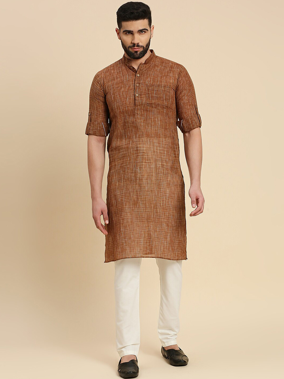 RAJUBHAI HARGOVINDAS Mandarin Collar Roll-Up Sleeves Khadi Weave Cotton Straight Kurta