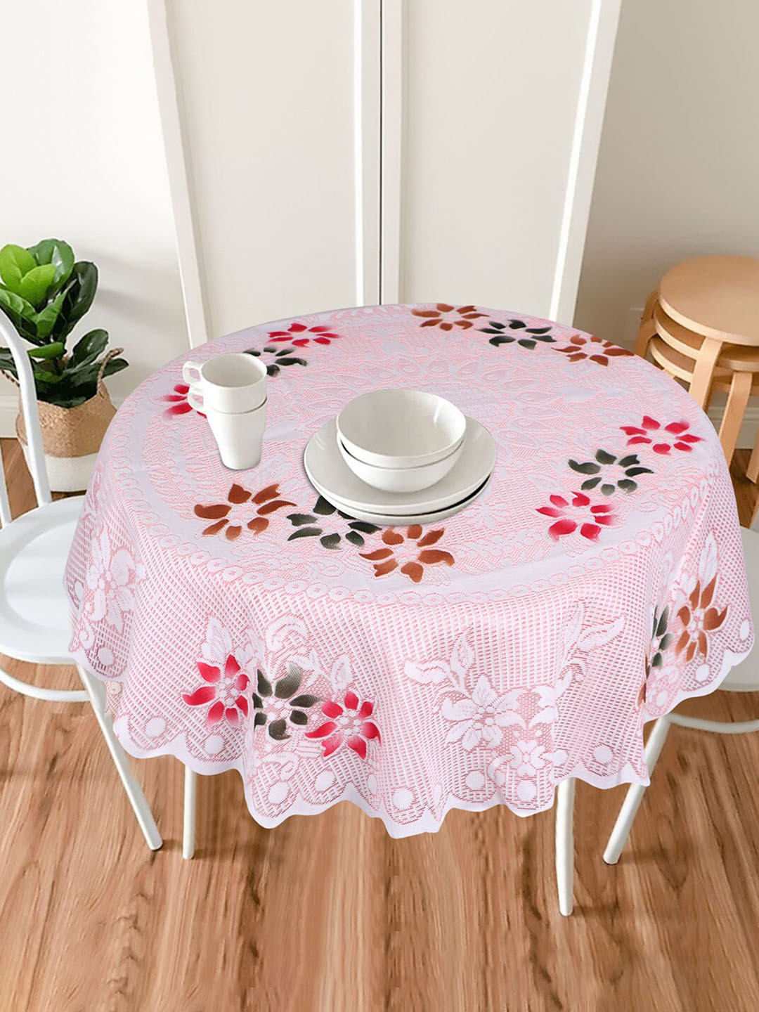 Dakshya Industries Pink Tulip Flower Woven Design 4 Seater Round Cotton Table Cover