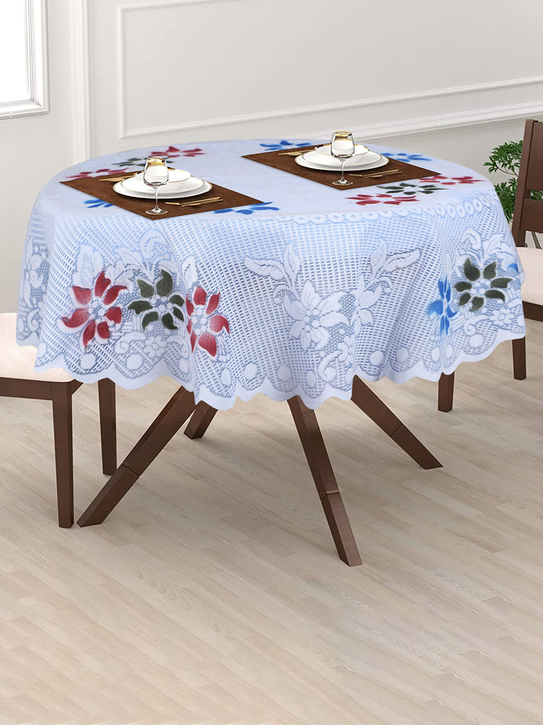 Dakshya Industries Blue Tulip Flower Woven-Design 2 Seater Round Cotton Table Cover