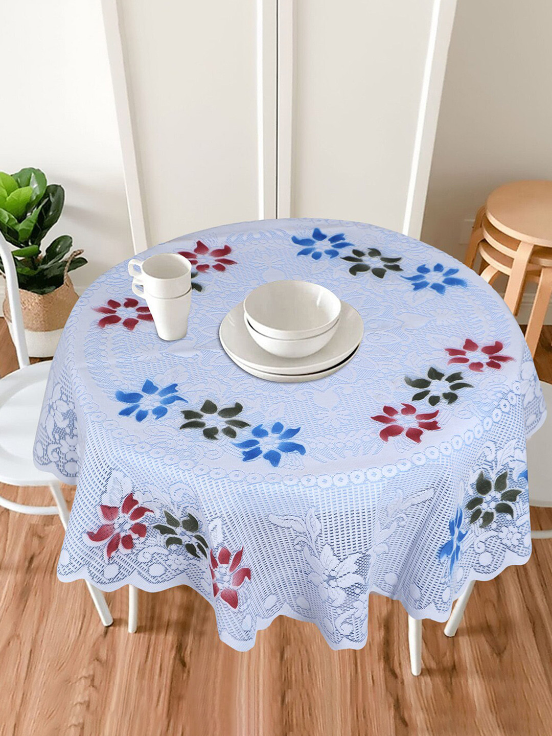 Dakshya Industries Blue Tulip Flower Woven Design 4 Seater Round Cotton Table Cover