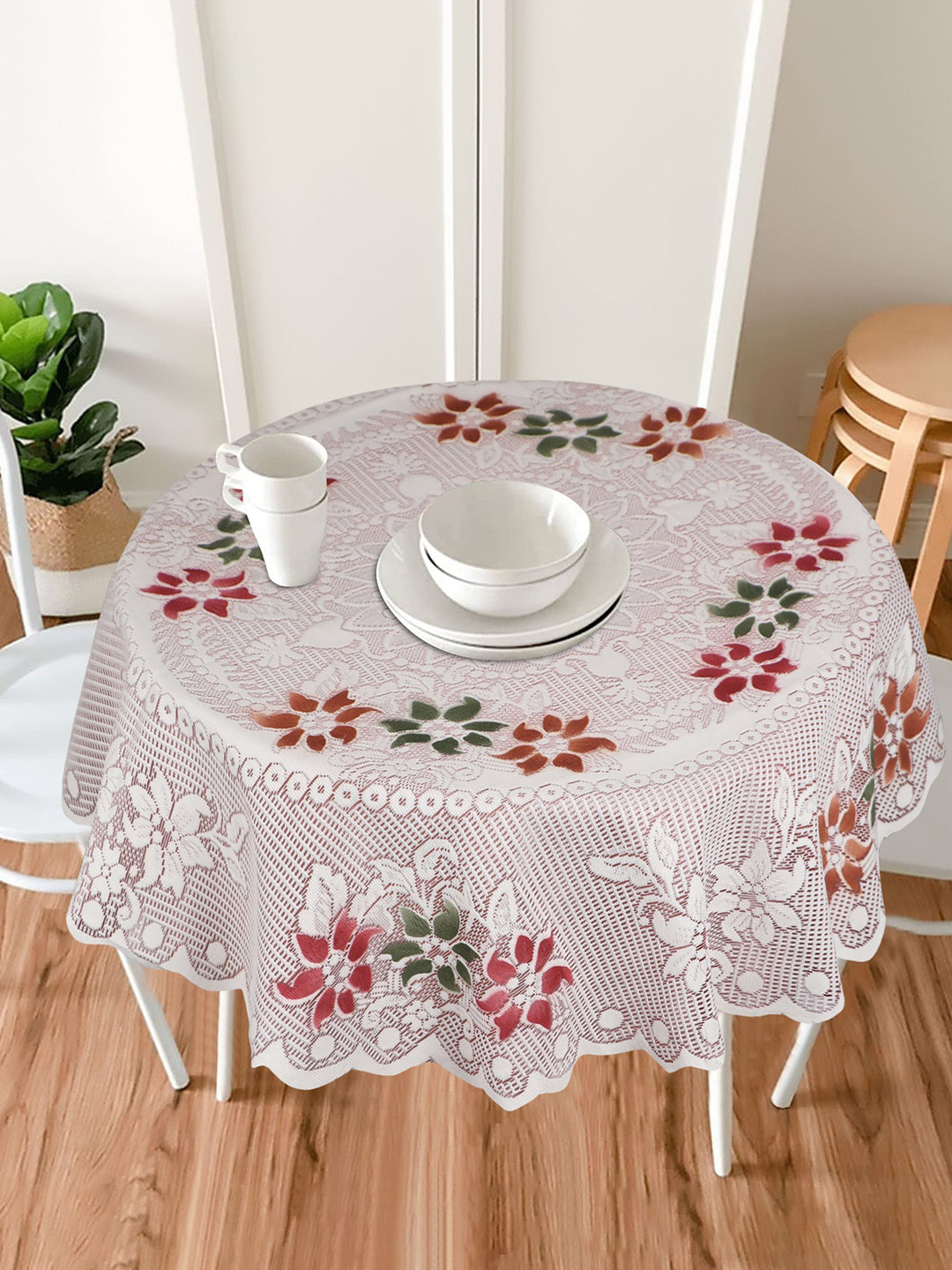 Dakshya Industries Brown Tulip Flower Woven Design 4 Seater Round Cotton Table Cover