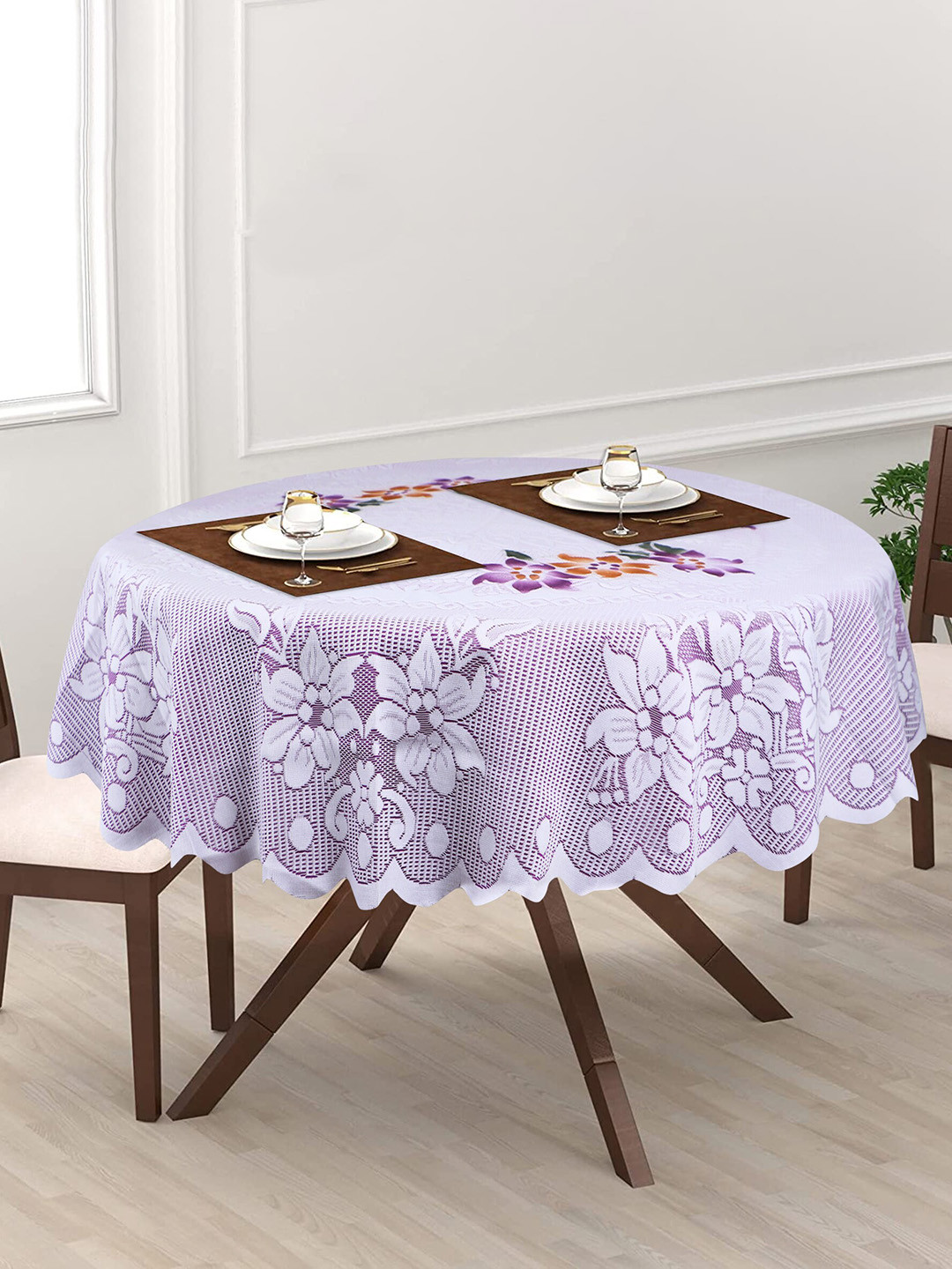 Dakshya Industries Purple Tulip Flower Woven Design 2 Seater Round Cotton Table Cover