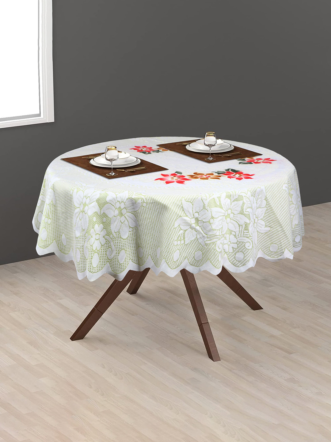 Dakshya Industries Sea Green Tulip Flower Woven-Design 2-Seater Round Cotton Table Cover