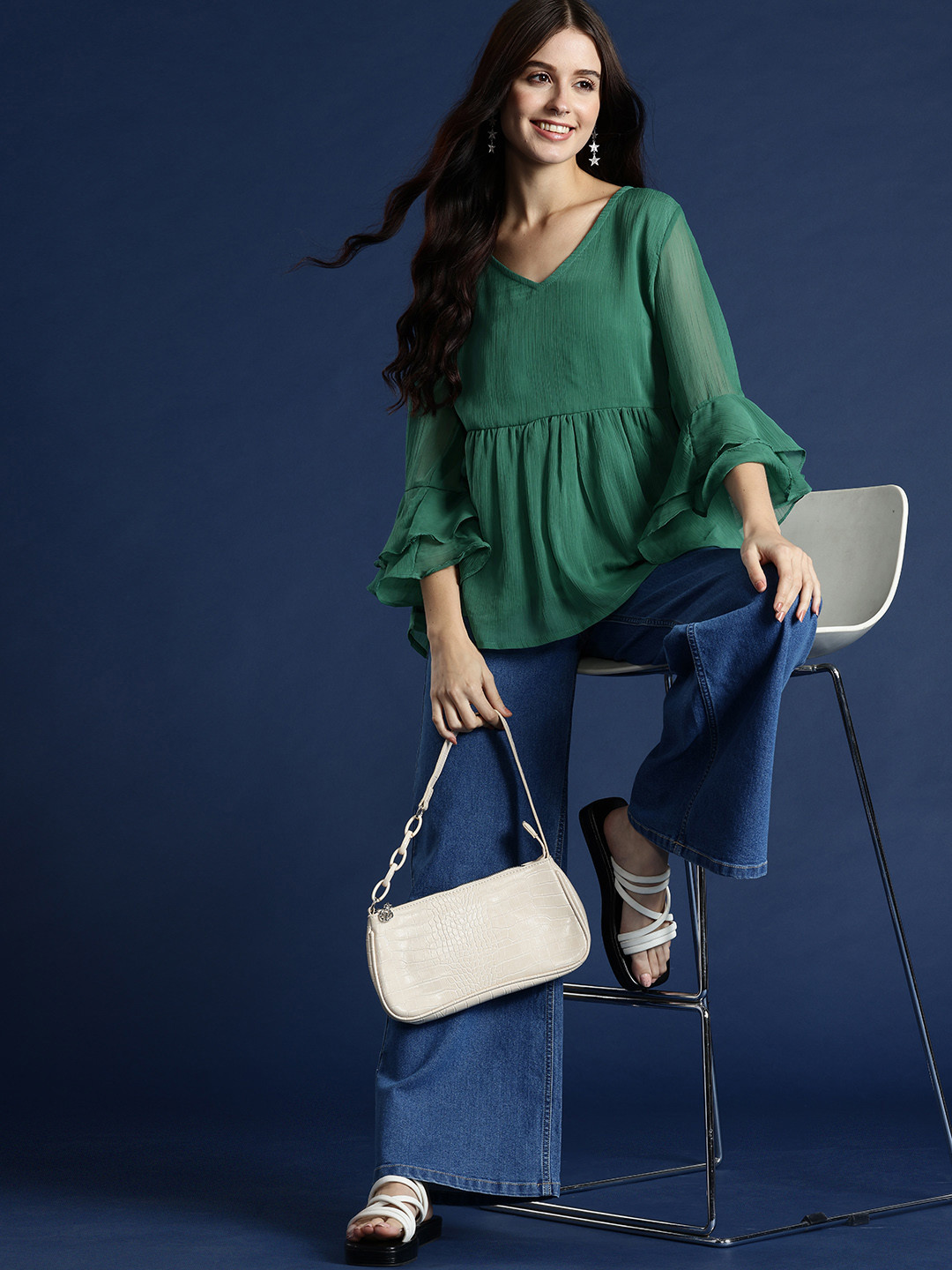 Mast & Harbour Bell Sleeve Chiffon Peplum Top