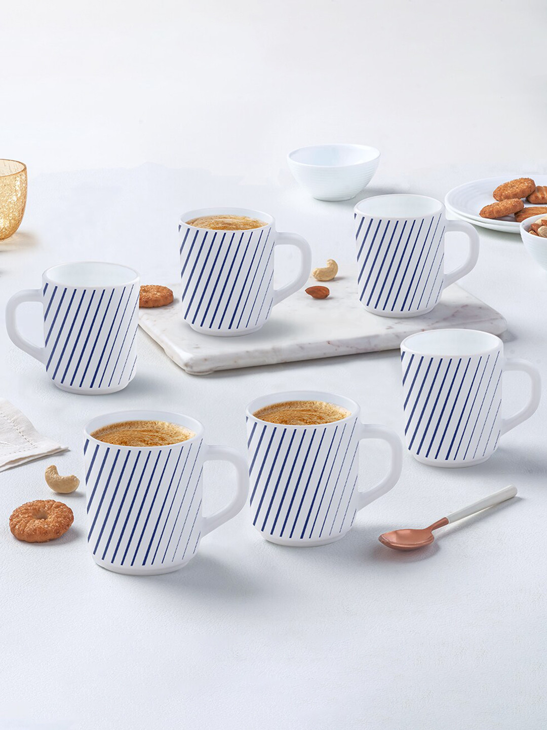 Larah by BOROSIL White 6 Pieces Printed Opalware Matte Mugs 250 ML Each