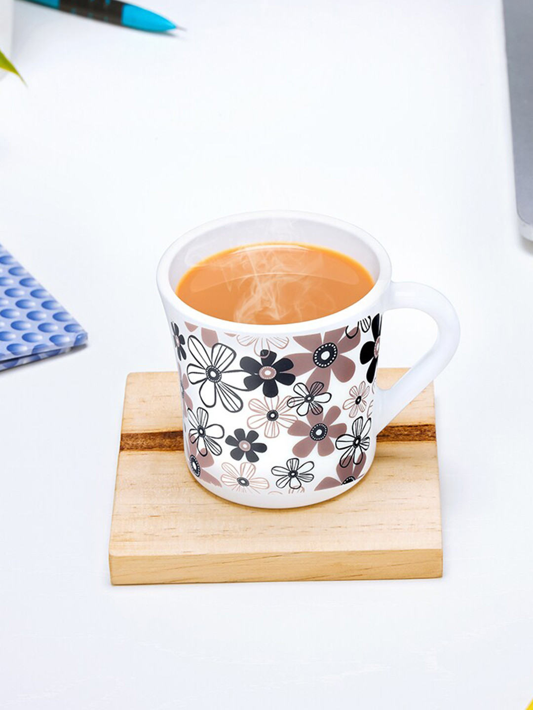 Larah by BOROSIL White & Black 6 Pcs Floral Printed Opalware Matte Mugs - 210 ML Each