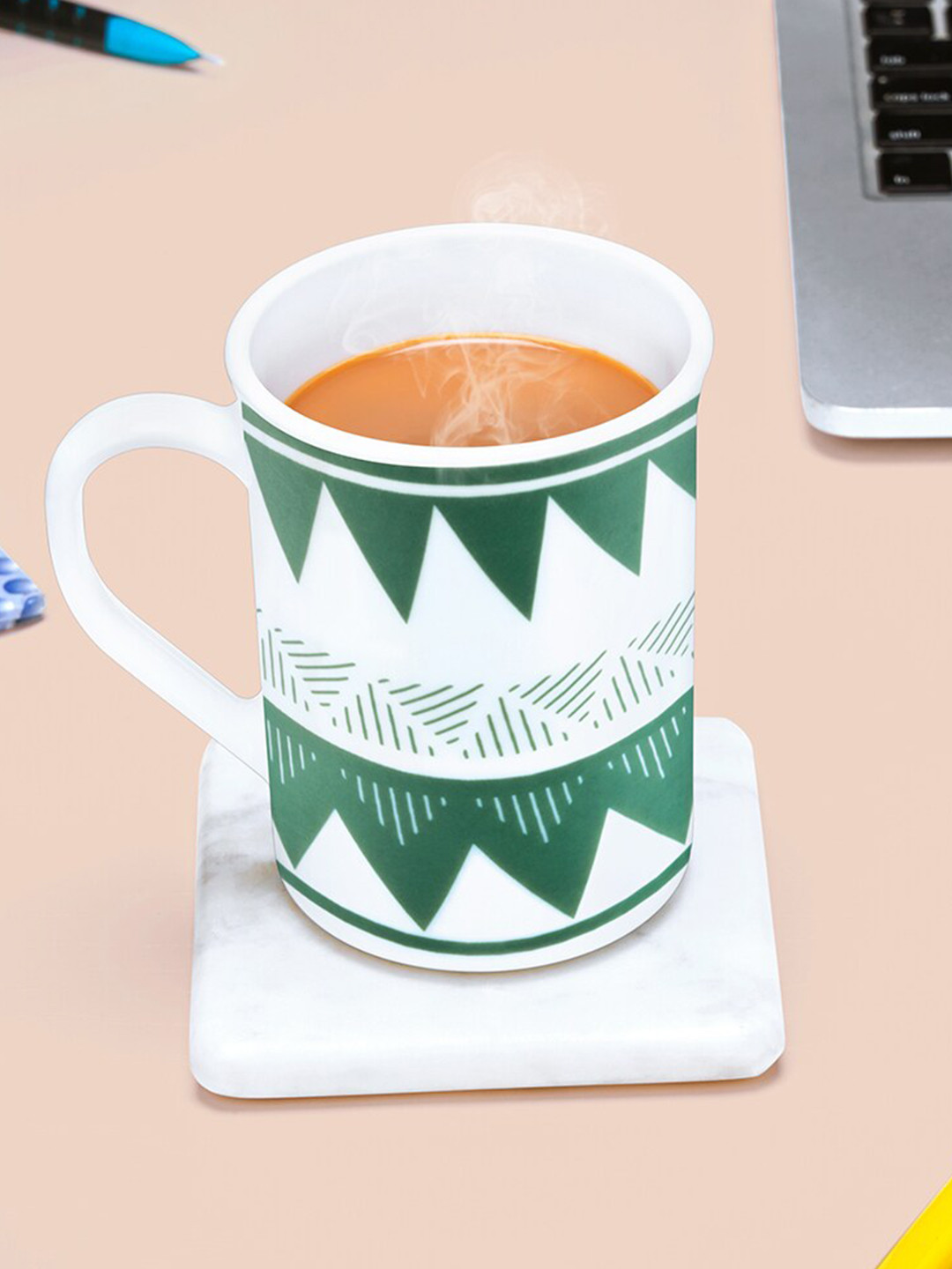 Larah by BOROSIL Diamond Dash - Ocean Breeze White Geometric Opalware Handmade Mug-350ml