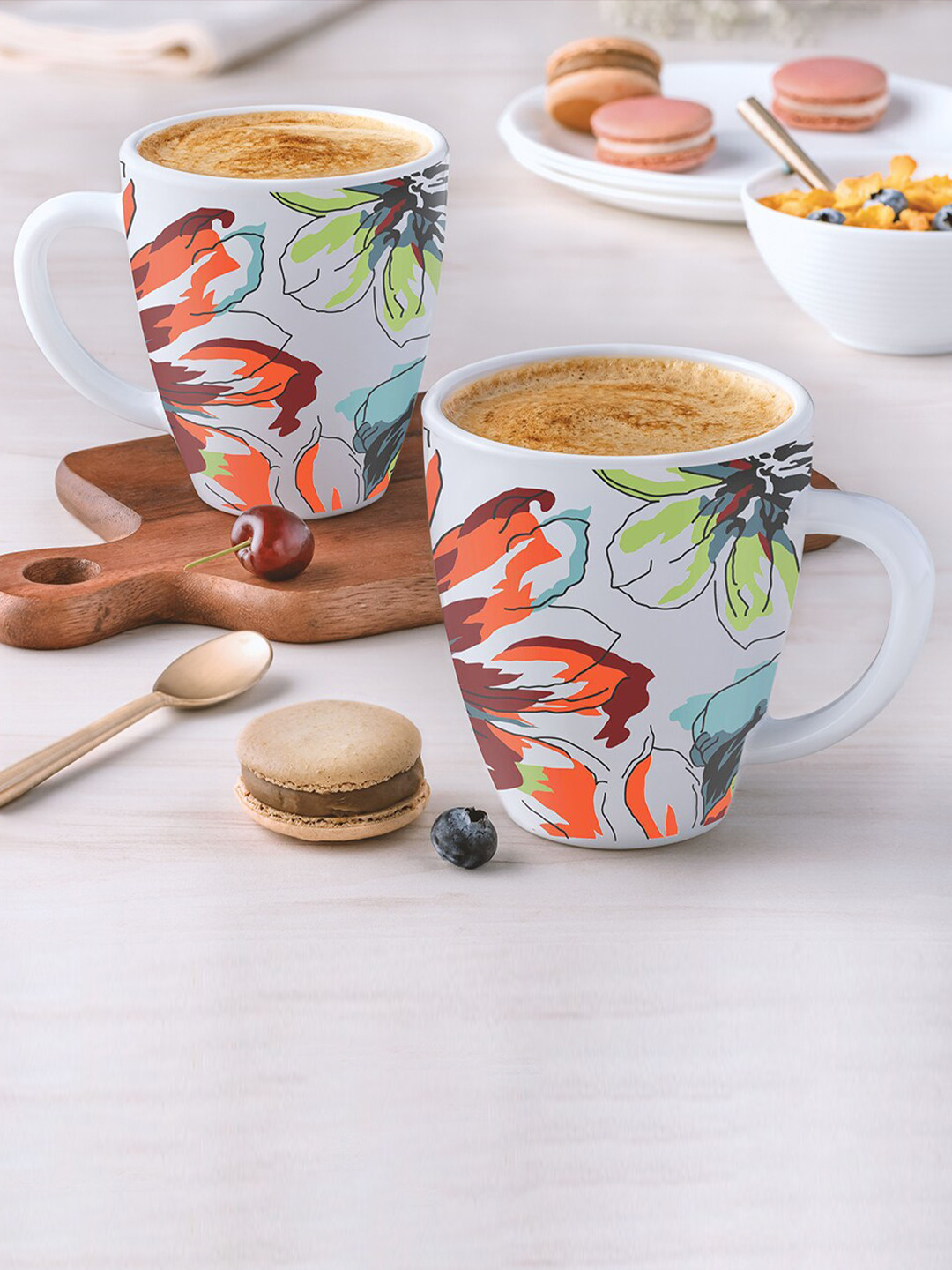 Larah by BOROSIL Bali White & Rust 2 Pieces Floral Printed Opalware Matte Mugs 400 ml Each