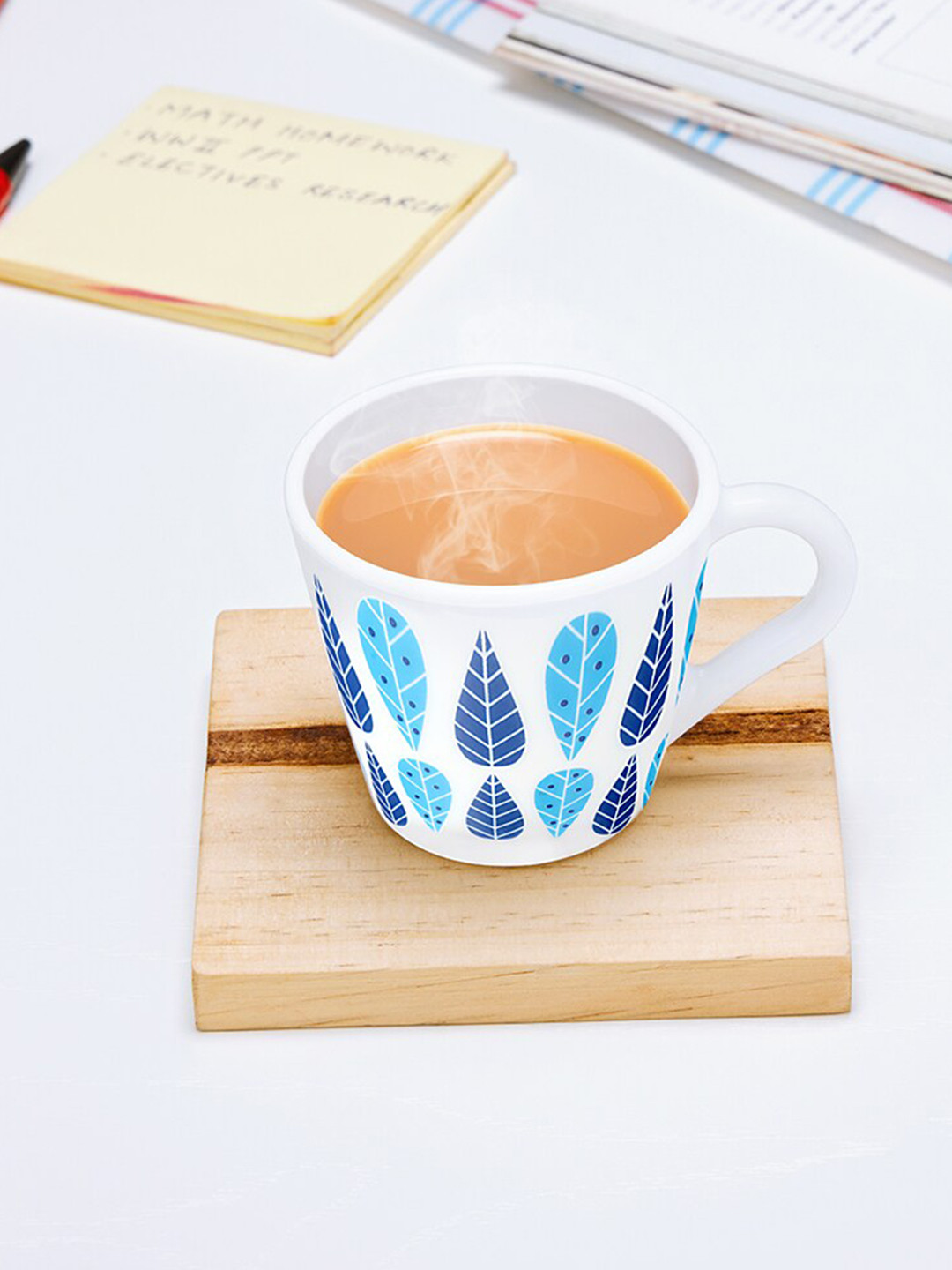 Larah by BOROSIL Tall Pastel White Leaf Opalware Handmade 6 Piece Mugs-110ml