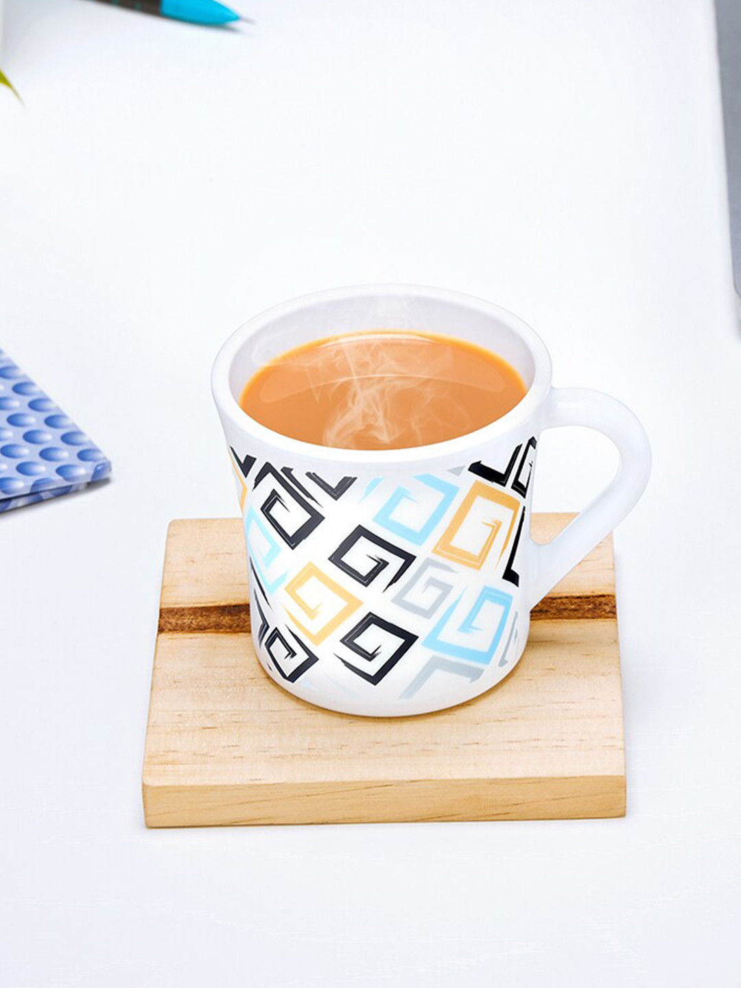 Larah by BOROSIL White & Black 6 Pcs Geometric Printed Opalware Matte Mugs-210 ML Each