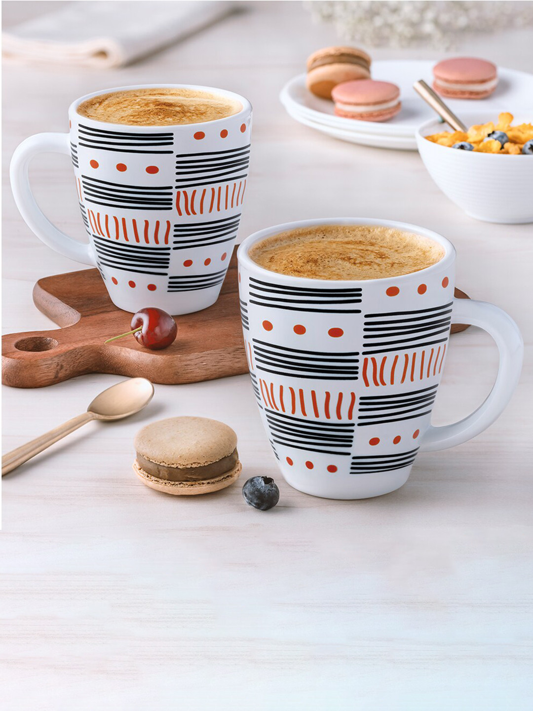 Larah by BOROSIL Egyptian Tranquility White Geometric Opalware Handmade 2 Piece Mugs-400ml