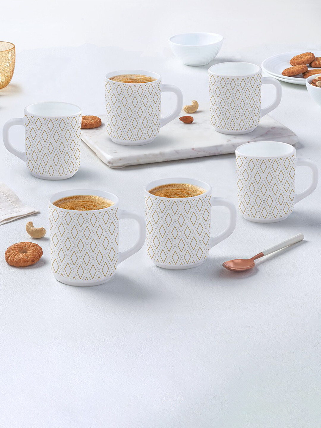 Larah by BOROSIL Be Happy White Geometric Opalware Microwave Safe 6 Piece Mugs-250ml