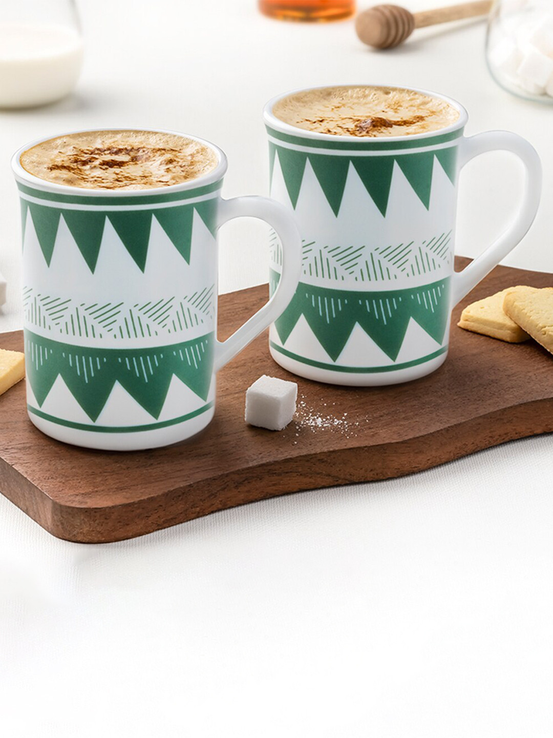 Larah by BOROSIL Satin Name Personalised White Geometric Opalware Microwave Safe 2 Piece Mugs-350ml