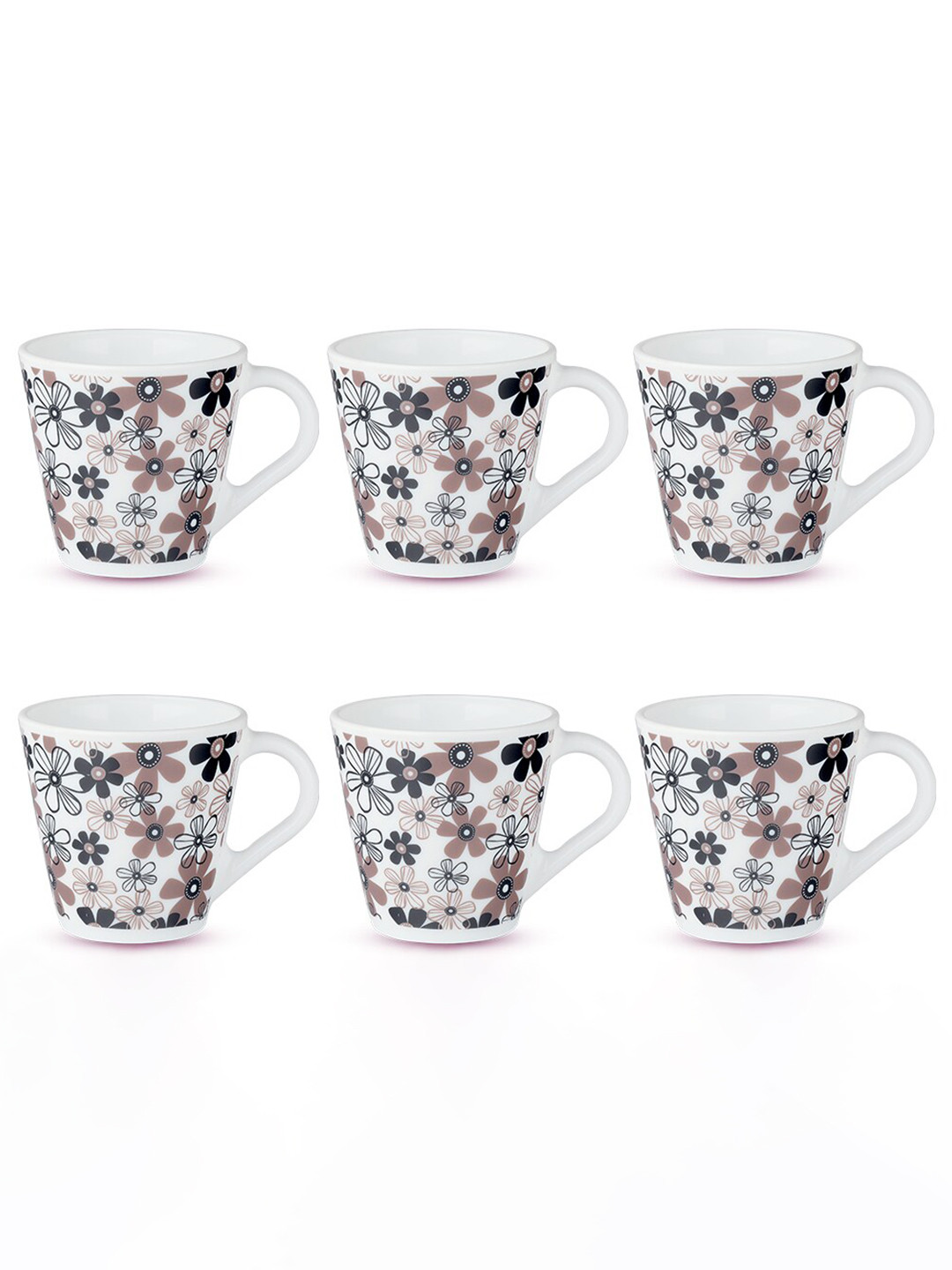 Larah by BOROSIL Grapes From Italy Sliver White Floral Opalware Handmade 6 Piece Mugs-110ml