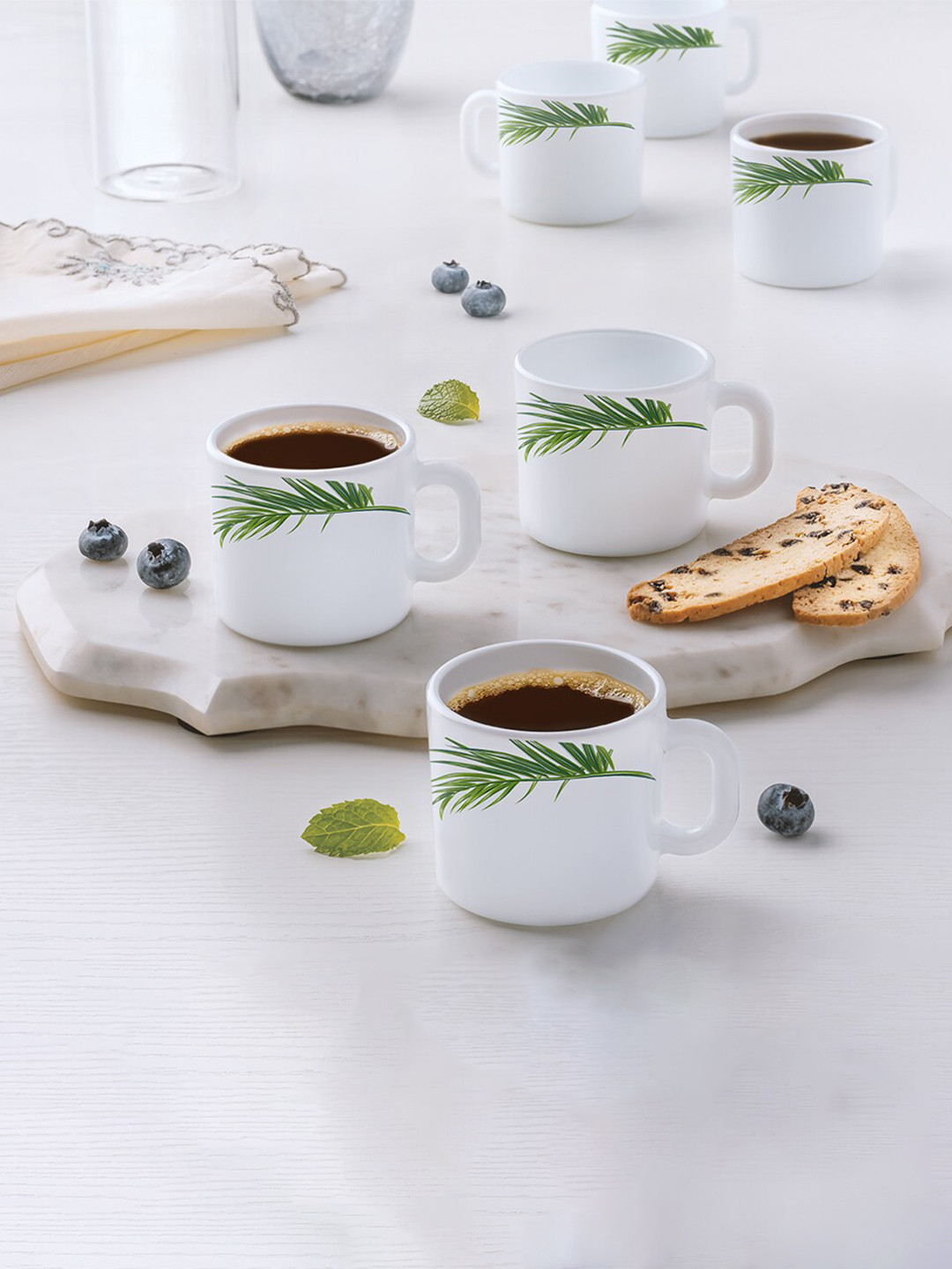 Larah by BOROSIL Mrs White Leaf Opalware Microwave Safe 6 Piece Mugs-100ml