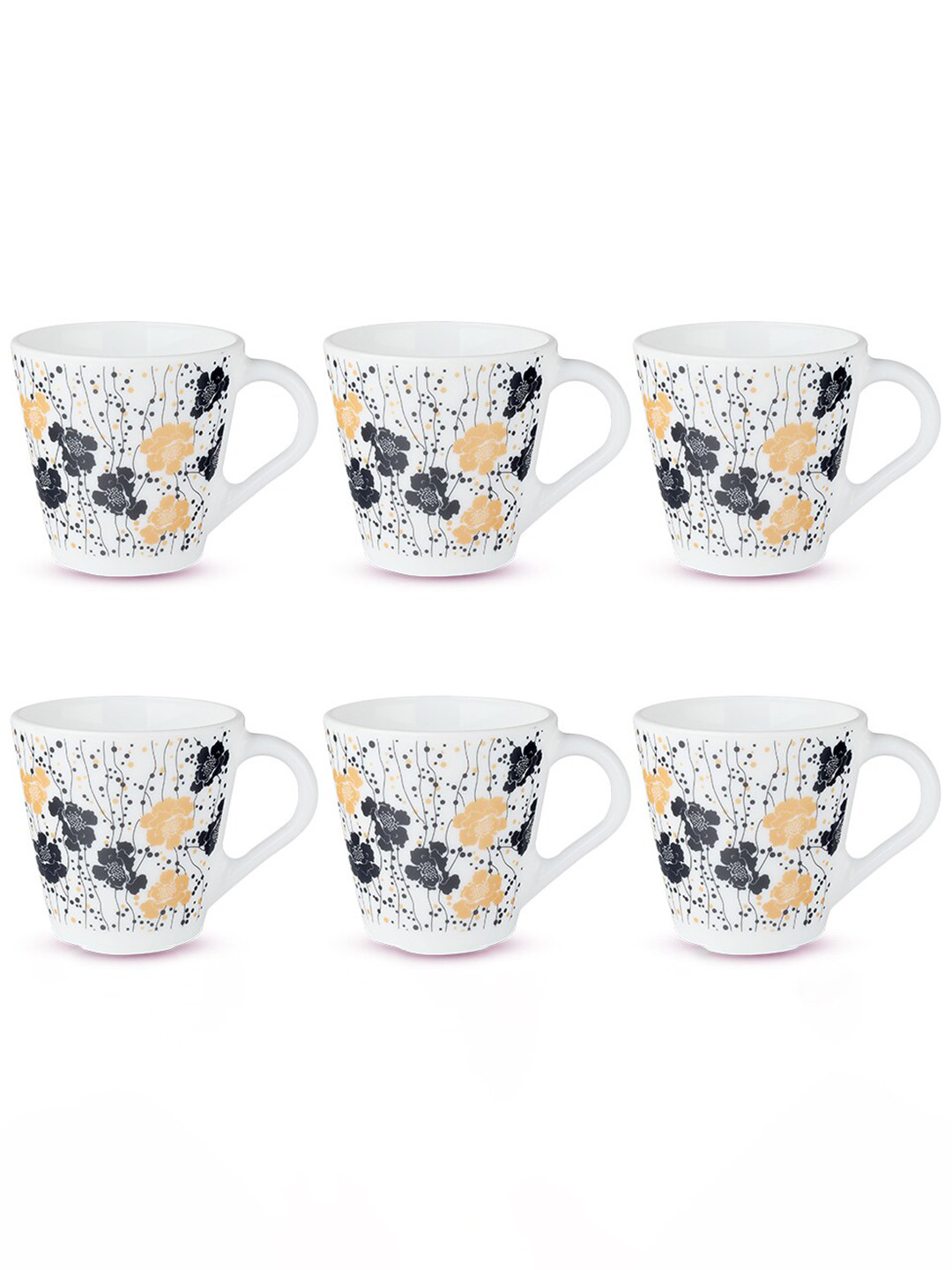 Larah by BOROSIL White & Black 6 Pcs Floral Printed Opalware Matte Mugs - 160 ML Each