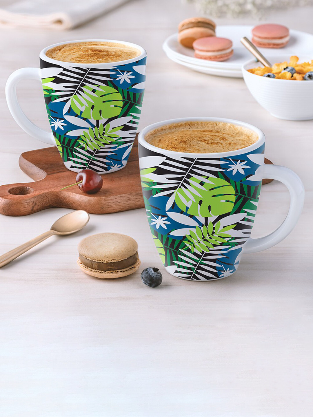 Larah by BOROSIL Umang Name Personalised White Leaf Opalware Microwave Safe 2 Piece Mugs-400ml