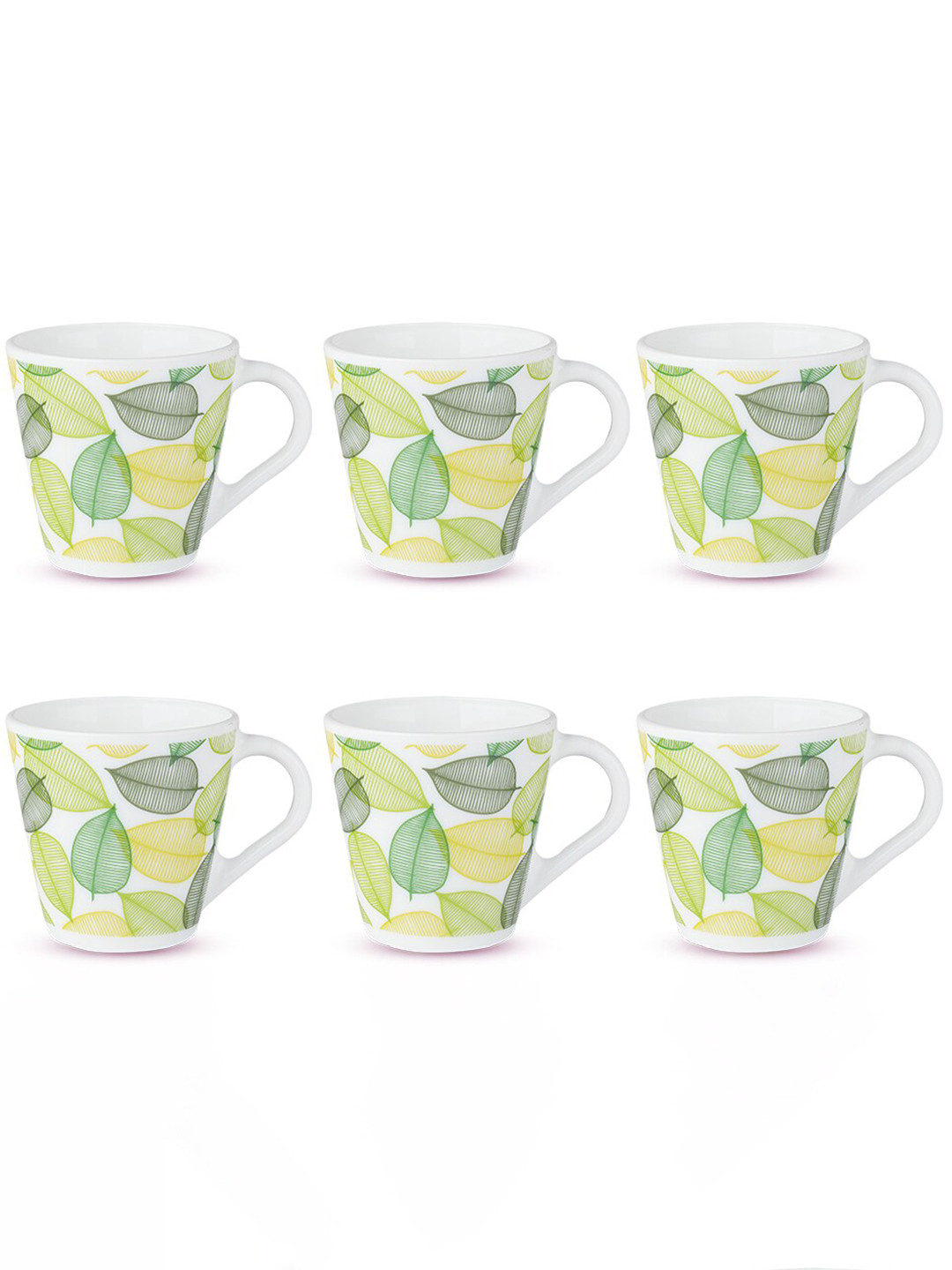 Larah by BOROSIL Noma White & Green 6 Pieces Floral Opalware Matte Mugs 110 ml Each