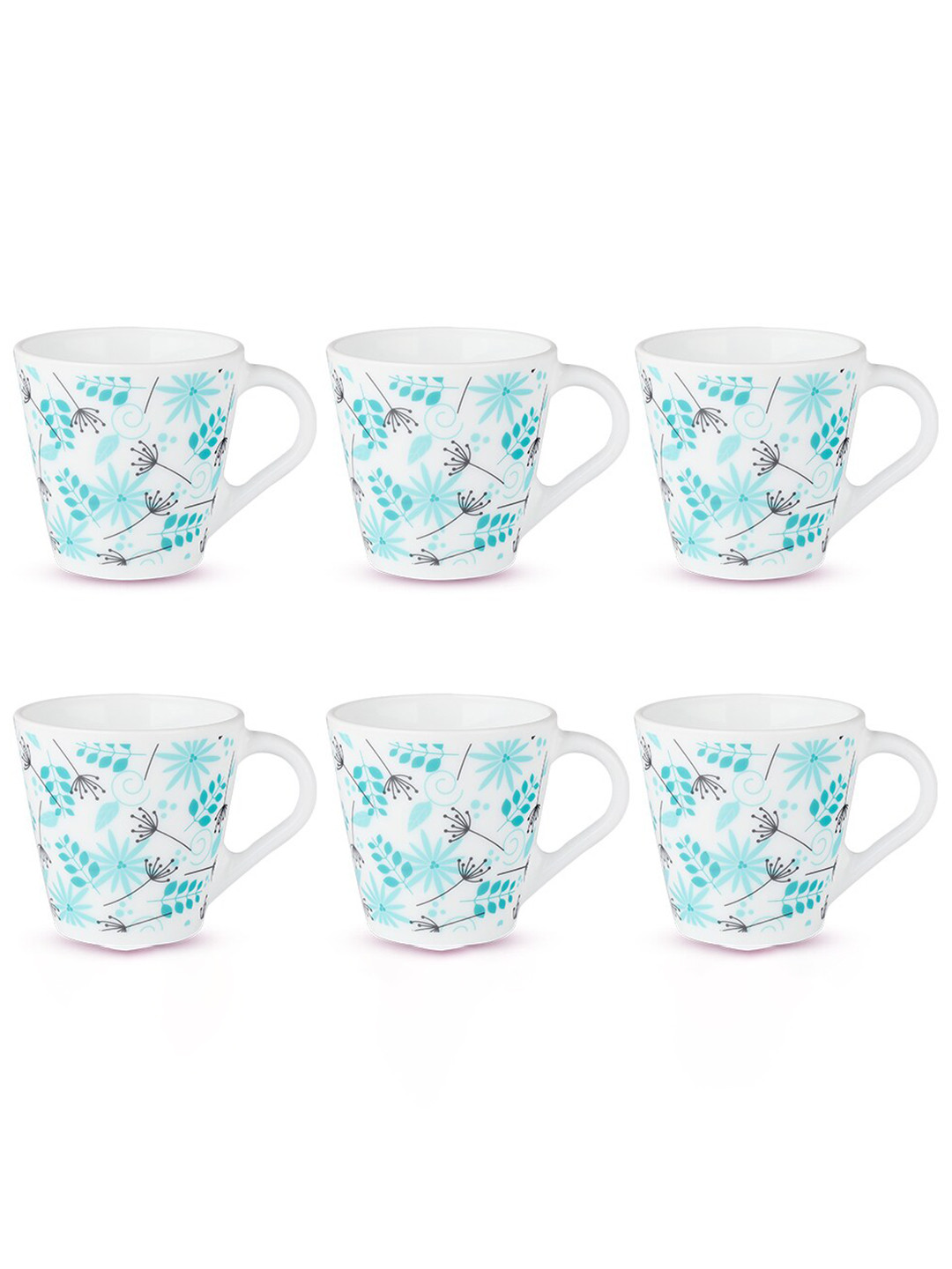 Larah by BOROSIL White & Turquoise Blue 6 Pcs Floral Printed Opalware Mugs-110 ML Each
