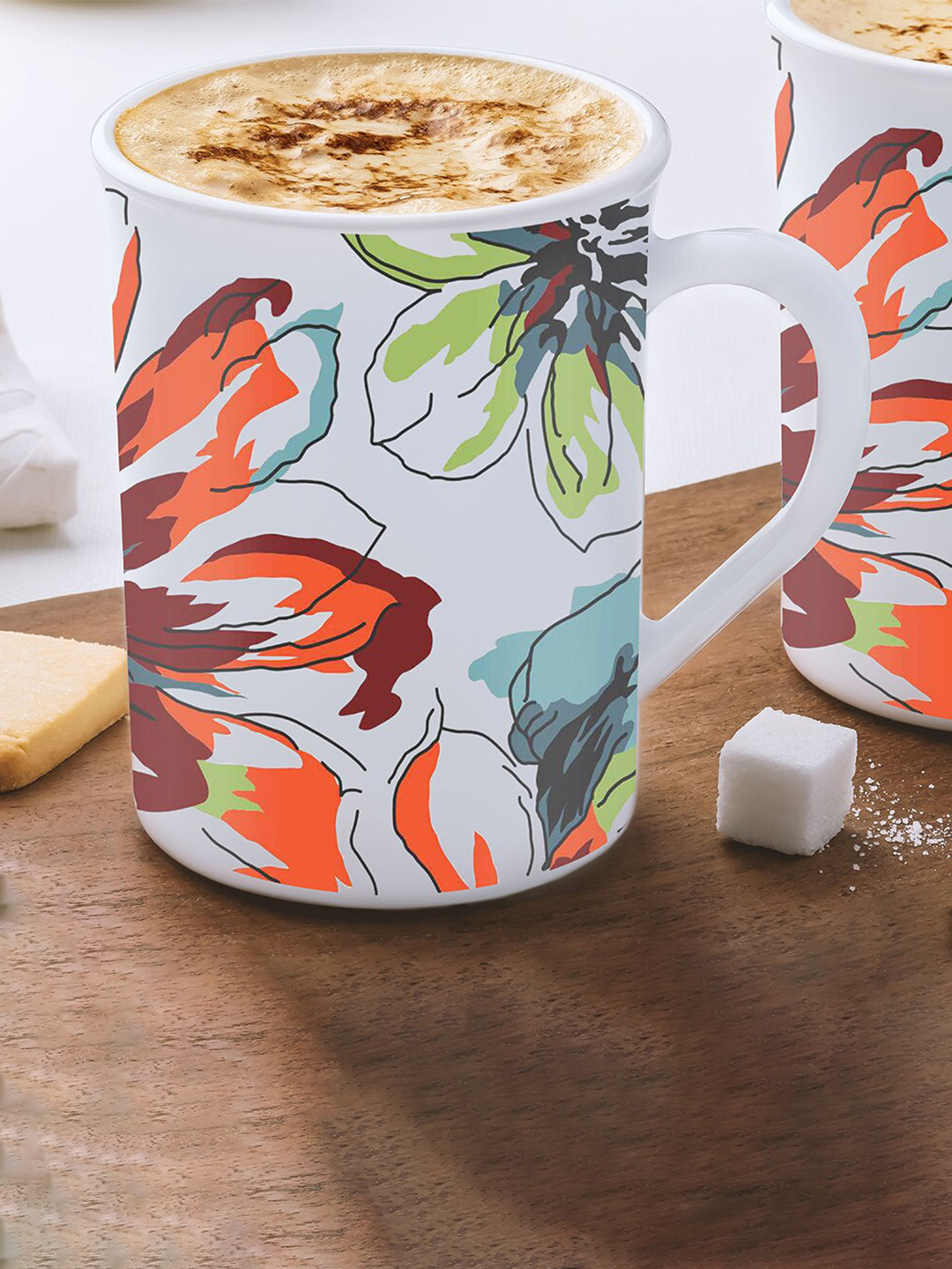 Larah by BOROSIL White & Green Printed Opalware Glossy Mug - 350 ML