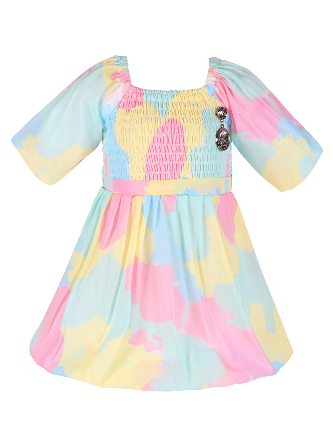 Wish Karo Abstract Printed Puff Sleeves Smocking Satin Fit & Flare Dress