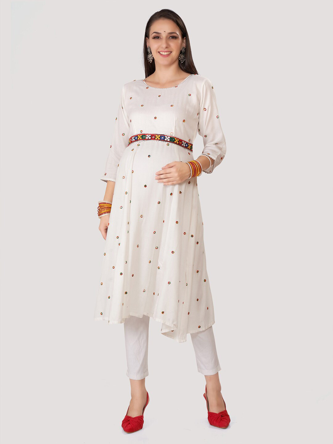 Mom For Sure by Ketki Dalal Embellished Mirror Work Maternity A-Line Kurta With Dupatta
