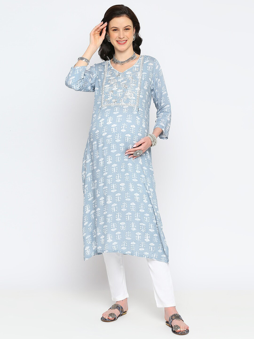 Mom For Sure by Ketki Dalal Blue Ethnic Motifs Printed Maternity Straight Kurta