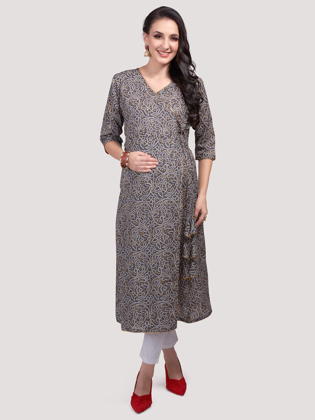 Mom For Sure by Ketki Dalal Floral Printed V-Neck Cotton Angrakha A-Line Maternity Kurtas